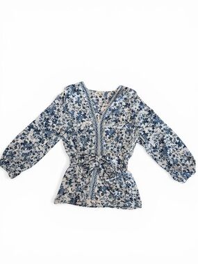 Max Studio Blue Floral Tie-Waist Peasant Blouse